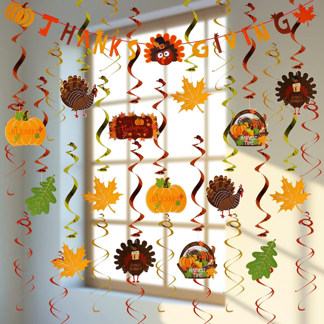 MorTime 31 PCS Thanksgiving Hanging Ceiling Swirl Pendant & Hanging Thanksgiving Banner, Autumn Themed Spiral Turkey Pumpkin Maple Leaves for Thanksgiving Home, School and Party Decorations